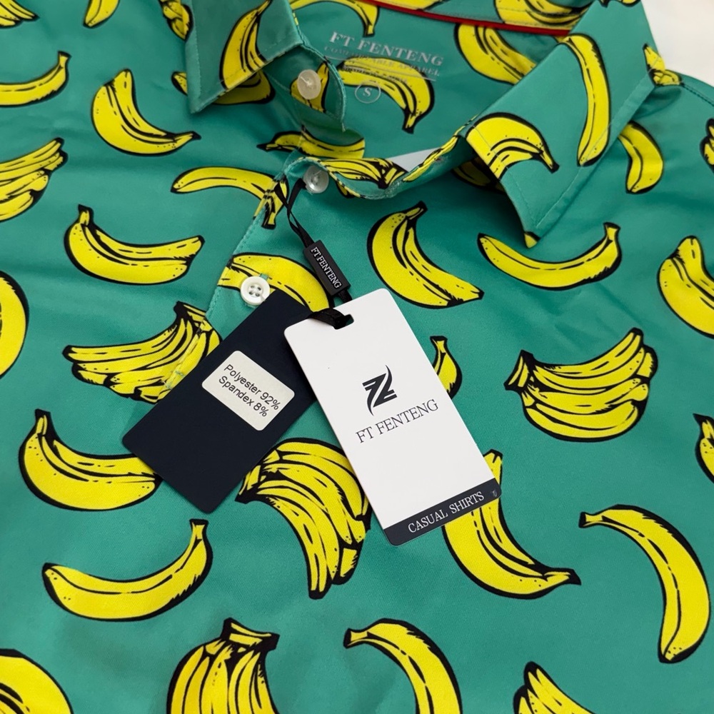 FT FENTENG Vibrant Banana Print Men's Peeformance Golf Shirt Size Small